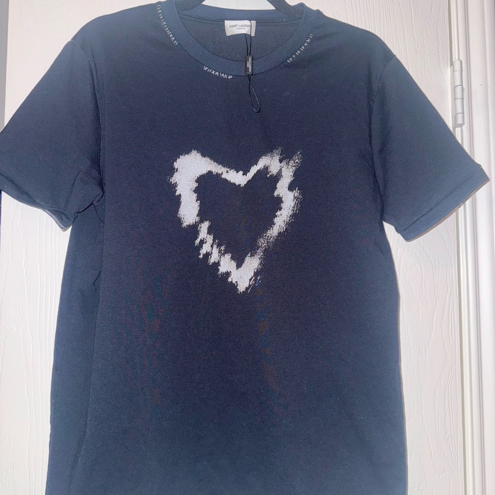 Saint Laurent Blue and White Short Sleeve Tee with Heart Design